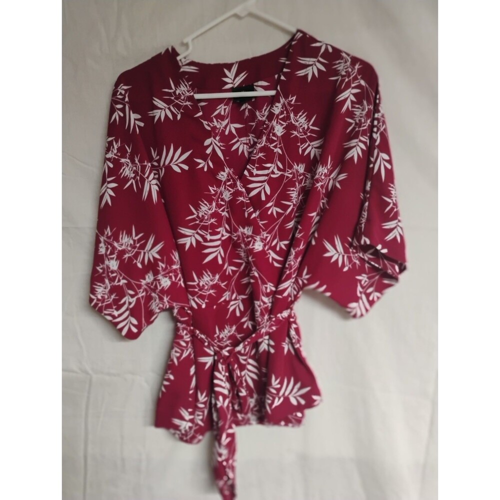 Worthington Womens Floral Top Blouse Large Deep Red/White Office Vacation Travel